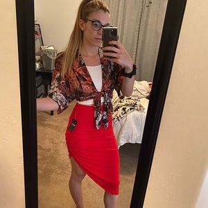 Red fitted midi skirt F21